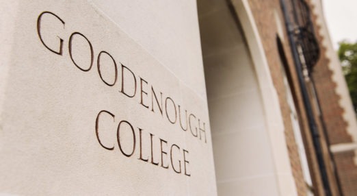 Entrance to Goodenough College with the name of the College engraved in the brick wall