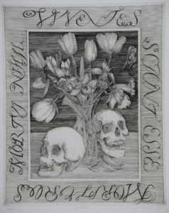 In this engraving, Vanitas, the inscription translates as, “the living know that they shall die. The dead know nothing.”