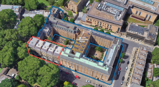 Aerial shot of William Goodenough House in Mecklenburgh Square