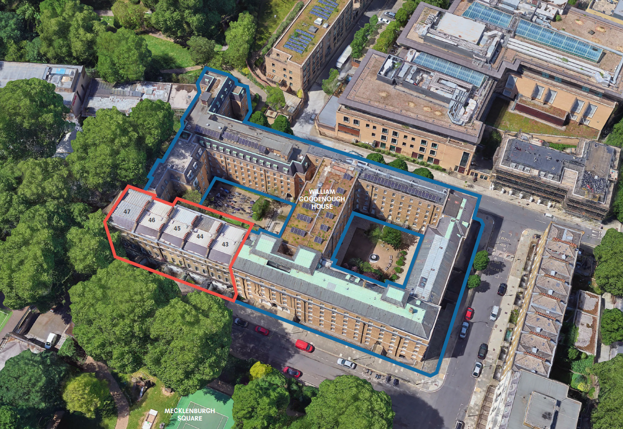 Aerial shot of William Goodenough House in Mecklenburgh Square