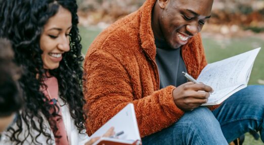 Students looking at documents